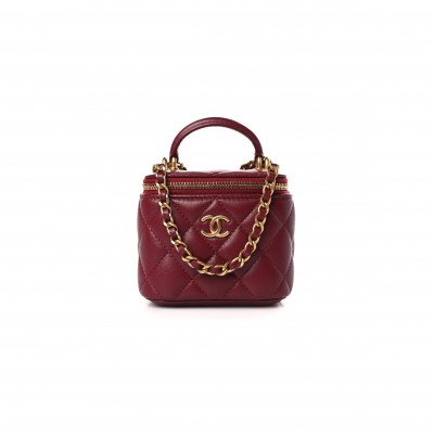CHANEL LAMBSKIN QUILTED MINI TOP HANDLE VANITY CASE WITH CHAIN BURGUNDY 1271085 (10*9*7cm)